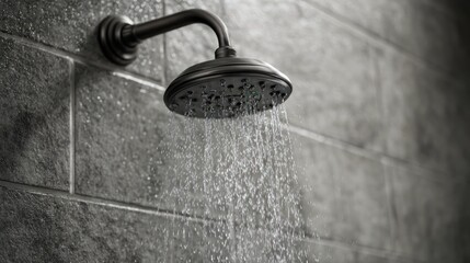 Shower head spraying water on a gray brick wall