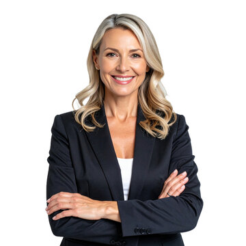 Mujer de negocios sonriente con brazos cruzados sobre fondo transparente.

