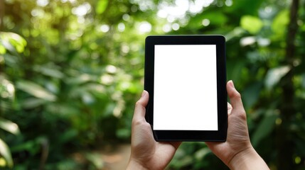 Woman Showcasing a Sleek Black Tablet in Nature, Surrounded by Lush Greenery and a Blank Screen