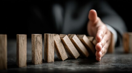 Hand stopping a row of falling wooden blocks