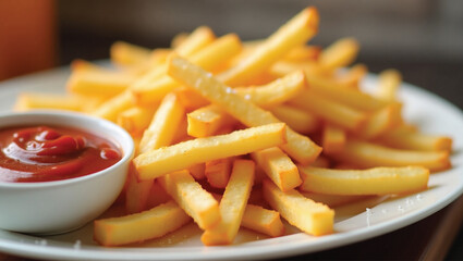 Closeup French fries, Potato chips Yellow crispy fries in wooden basket on white table, snack delicious food
