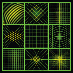 Nine Lime Green and Yellow Grid Pattern Abstract Designs on Black Background Geometric Vector Illustrations