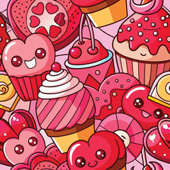 Cute Pink and Red Heart Shaped Sweets Cupcakes Candy Seamless Pattern Kawaii Style Illustration vector