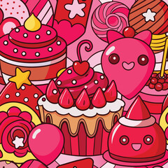Seamless Pattern Pink Red Cartoon Sweets Cakes Cupcakes Candy Hearts Stars Balloons Illustration vector