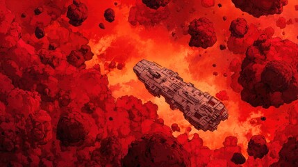 Spaceship amidst fiery debris