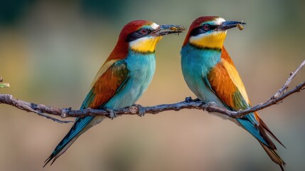 Obraz premium Abstract Representation of Two European Bee-Eaters Engaging in a Natural Feast
