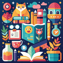 Vibrant Collage Featuring Orange Cat Books Pencils Teacup Plant Pot Open Book Geometric Shapes and Colorful Illustrations