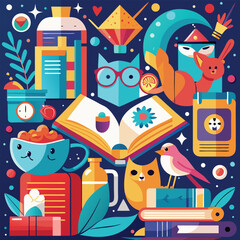 Vibrant Collage Featuring Cats Birds Books and Geometric Shapes in Teal Orange Yellow and Red illustration