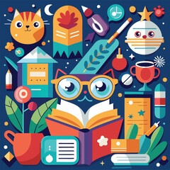 Vibrant Collage Featuring Cat Reading Book Surrounded by Colorful Objects Rocket Plant Pot Mug Radio