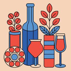 Three Minimalist Prints Featuring Blue Bottle Red Coral Kitchenware and Plants vector