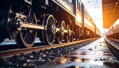 Obraz premium Close-up of vintage train wheels and tracks, sunbeams