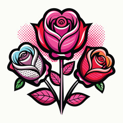 Three Stylized Roses in Pink Red and Light Blue with Black Outlines and Pink Leaves on White Background