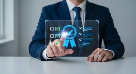 Businessman interacting with digital quality assurance checklist suit interface
