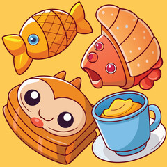 Two Cute Orange Cartoon Food Illustrations Featuring a Fish Shaped Pastry Croissant Slice and Toast Character with a Blue