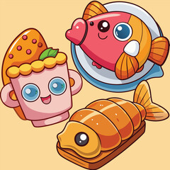 Two Cute Cartoon Food Illustrations Breakfast and Lunch Items Orange Pink Yellow Brown Colors Kawaii Style