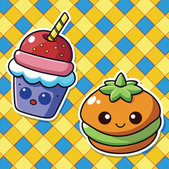 Two Cute Cartoon Food Illustrations Strawberry Sundae and Orange Hamburger on Yellow Blue Diamond Pattern Background
