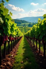 Naklejka premium Sun-Drenched Autumn Vineyard Ripe Grapes Hanging Heavy on Vines Ready for Harvest