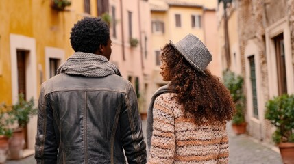 Couple strolling down a European street
