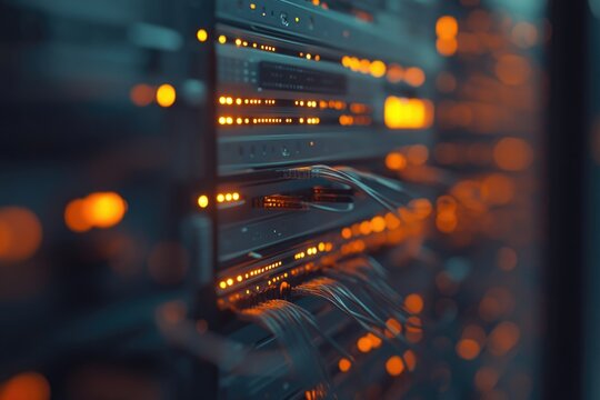 A server rack filled with ethernet cables and blinking orange lights, typical of a data center setup.