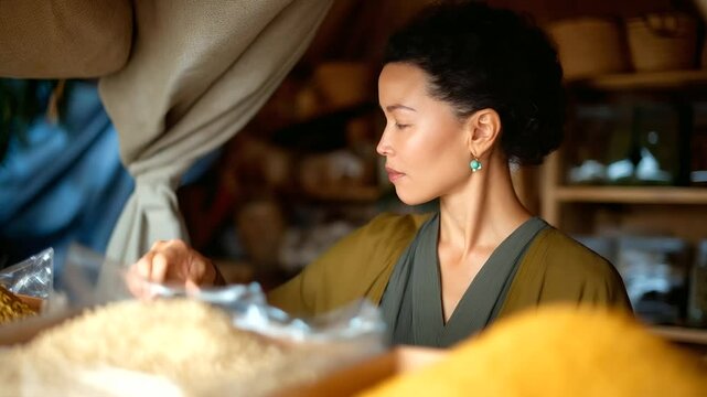 Shopper selecting rice in dry goods section with natural light