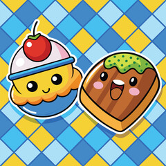 Two Cute Food Illustrations Yellow Blue Dessert Toast Green Glaze Kawaii Style Cartoon Characters vector