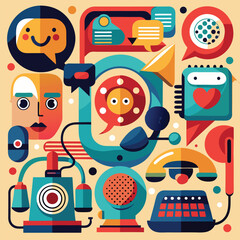 Communication Composition: An illustrative, colorful collage showcasing elements of communication through time, from classic phones to modern chat bubbles.