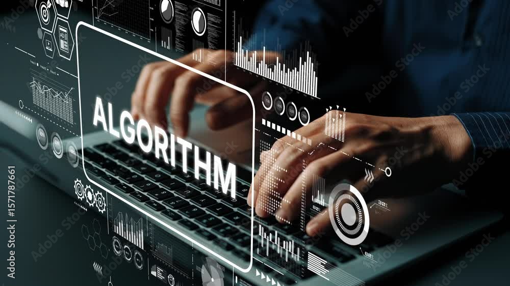 Aufkleber hands of a person typing on a laptop showing digital elements and algorithms in a modern workspace e