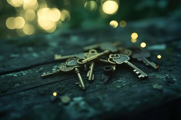 A collection of vintage keys on a rustic wooden surface, with a dreamy bokeh background of soft, golden lights.