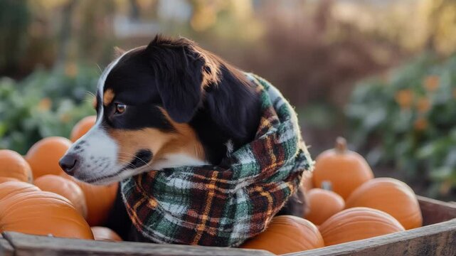 Cute dog with plaid scarf sitting in crate full of oranges on a sunny day. High quality 4k footage