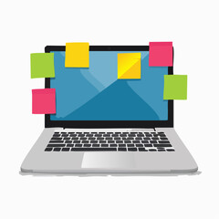 Open laptop with sticky notes &ndash; Laptop screen on, with sticky notes around the edges.

