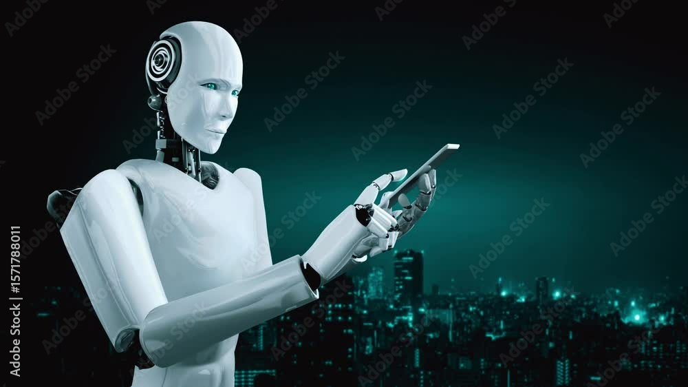 Poster internet connection controlled by ai robot huminoid and machine learning process to analyze data con