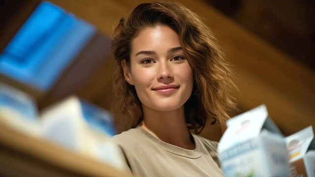 Staff member restocking dairy products in a well-lit aisle