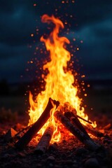 Fiery Bonfire Inferno at Night Intense Flames and Glowing Embers Against Dark Sky - Perfect for Warmth, Power, and Energy Concepts