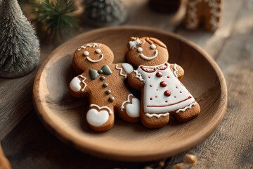 Festive Plate of Hand-Made Gingerbread Cookies for Christmas: Couple's Touch in Wooden Setting