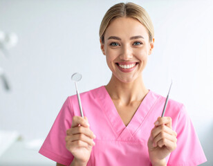 Firefly dental hygienist in pink scrubs ready for patient care with dental scaler and mirror