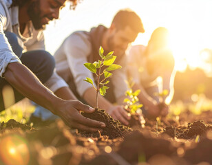 Diverse group plants trees together in a warm and natural environment during an afternoon teamwork activity
