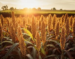 mature sorghum stalks swaying golden in sunlight representing agricultural sustainability and bountiful crop potential