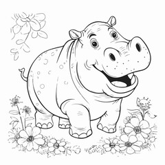 Obraz premium coloring page with a cute hippopotamus, beautiful children's drawing, vector print, wild animal