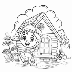 Black and white drawing, outline, boy in nature in a village near his house, postcard book page for writing, notebook, book