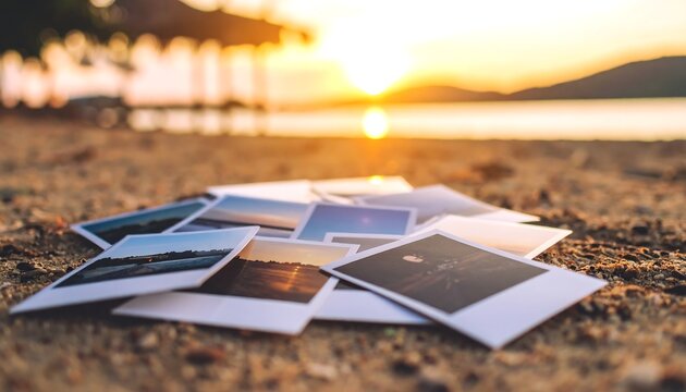 Polaroid photos on beach sand at sunset - Powered by Adobe