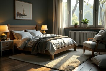 Obraz premium A cozy bedroom with a bed, armchair, and natural light from large windows. Reuse of wooden pallets, care for the environment. secondary raw materials and recycling
