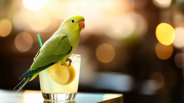 Bright green parakeet perched on glass indoors in soft warm light. High quality 4k footage