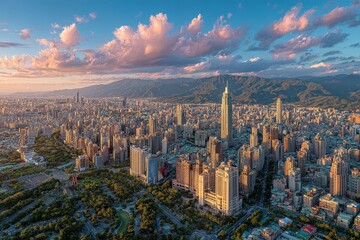 Obraz premium Aerial view of taipei city skyline at golden hour with mountains in background and pink and blue cloudy skies during daytime
