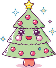 Cute kawaii Christmas tree cartoon character. Happy festive tree with smiling face and star. Vector holiday illustration.
