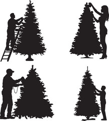 Silhouettes of People Decorating a Christmas Tree with Ornaments and Lights, Perfect for Holiday, Christmas, Family, and Festive Season Concepts