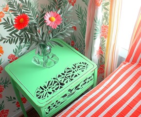 Bright floral bedroom scene with a green carved nightstand, glass vase holding pink and red flowers, tropical wallpaper, striped bedspread, and sunlight creating a cheerful, vintage atmosphere.