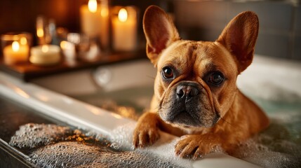 French Bulldog enjoying a relaxing bath in a candlelit setting, exuding calm and comfort. Suitable for pet care and relaxation themes.