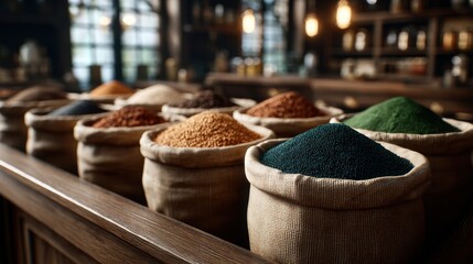 Burlap sacks brimming with colorful spices and grains in a rustic setting, ideal for culinary or organic market themes.