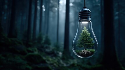 A glowing light bulb with a thriving tree inside hangs in a dense, mystical forest, creating a surreal harmony of nature and innovation.