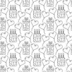 Monochrome party-themed seamless pattern in outline design. Includes cake, balloons, confetti. Great for birthdays, invitations, and gift wrap.